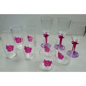 Fun Set of Arcylic (3) Pink Flamingo Wine Glasses Goblets (7) Hibiscus Glasses